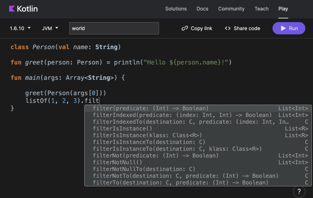 Kotlin program written on computer screen for an example to viewers how python code looks like. 